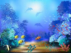 an underwater scene with fish and corals