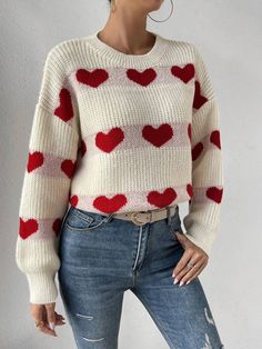 That SHEIN Frenchy Heart Pattern Drop Shoulder Sweater in white sounds like a perfect choice for Valentine's Day! The combination of striped and heart patterns adds a unique and playful touch to the sweater. With its long sleeves and regular length, it's perfect for a casual and comfortable look. Pair it with your favorite jeans or leggings, and you'll be ready to celebrate in style. Have a fantastic Valentine's Day! 💕👚 White Heart Print Sweater For Winter, White Heart Sweater For Winter, Cute Heart Print Winter Sweater, White Long Sleeve Sweater For Valentine's Day, Trendy Heart Print Sweater For Winter, Casual Heart-shaped Sweater For Winter, Cute Winter Sweater With Heart Print, Casual Heart-shaped Winter Sweater, Casual Heart Print Sweater For Winter