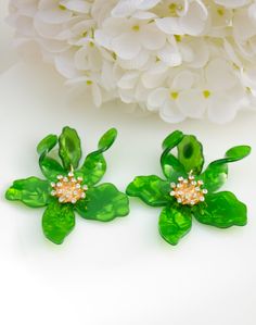 Light green flower earrings. Ideal for evenings, weddings, parties, proms, photoshoots, and on every day.   Earrings made of high-quality crystal and acetate CUSTOM ORDER It is Fully HANDMADE earrings and if you want to purchase this earring in a different color or size, send me please a direct message. If you have any questions don't be hesitate to ask me. Please visit my shop to see more models made by me https://www.etsy.com/shop/LaranBijou DIMENSIONS Length - 8cm (3 inch) Weight 15 grams Cli Flower Drop Earrings For Party, Party Flower Drop Earrings, Green Flower Earrings For Wedding, Elegant Green Flower Earrings For Gift, Elegant Green Jewelry With Handmade Flowers, Green Flower Shaped Earrings Gift, Green Flower Shaped Earrings As Gift, Green Flower-shaped Earrings As Gift, Green Flower Earrings For Party