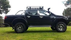 a black truck parked on top of a lush green field