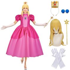 PRICES MAY VARY. Polyester 👸 Perfect for Halloween as Princess: Get ready to shine this Halloween as the Princess with our specially designed costume set. You'll look just like your favorite fairytale character! 👸 Complete Costume Kit: Our costume set includes everything you need to complete the look: a dress, wig, crown, earrings, wand, and gloves. You'll have all the accessories for a magical transformation. 👸 Tailored for Adults in Multiple Sizes: This costume is made for adults, and we of Adult Princess Costume, Peach Costume, Magical Transformation, Crown Earrings, Outfit For Women, Princess Inspired, Princess Costume, Game Costumes, Dress Up Outfits