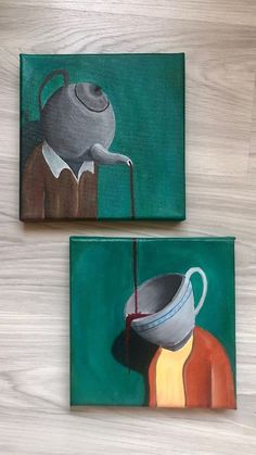 two paintings on wooden boards one with a teapot and the other with a cup