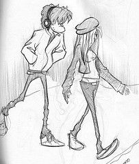 a drawing of two people walking down the street, one is wearing headphones and the other has a jacket on