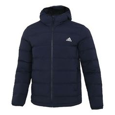 Adidas Helionic S H J Outdoor Sports hooded down Jacket Dark Blue FT2519 (Down/Men's/Solid Color) Blue Hooded Functional Puffer Jacket, Blue Hooded Puffer Jacket For Outdoor Activities, Sporty Blue Puffer Jacket, Blue Sportswear Hooded Winter Jacket, Blue Sporty Puffer Jacket For Winter, Sporty Blue Puffer Jacket For Winter, Blue Puffer Jacket With Adjustable Hood For Outdoor Activities, Sporty Blue Winter Puffer Jacket, Blue Puffer Jacket With Adjustable Hood For Outdoor