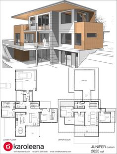 an architectural drawing of a modern house with floor plans and elevation details for each section