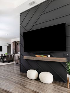 a large flat screen tv mounted to the side of a wall in a living room