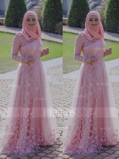 A-Line/Princess Long Sleeves Scoop Sweep/Brush Train Applique Tulle Muslim Dresses Sheer Prom Dress, Muslim Prom Dress, Train Applique, Inexpensive Prom Dresses, Muslim Dresses, Gothic Wedding Dress, Designer Party Dresses, Muslim Dress, Pink Prom