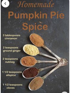 the ingredients for homemade pumpkin pie spice are shown in spoons on a chalkboard