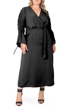 Standards & Practices Ruched Long Sleeve Wrap Maxi Dress | Nordstromrack Elegant Spring Maxi Dress With Drawstring, Chic Fall Dresses With Drawstring, Spring Evening Dress With Drawstring, Corporate Goth, Wrap Maxi Dress, Plus Size Maxi Dresses, Maxi Wrap Dress, Flared Sleeves, Wrap Style