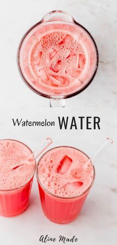 two glasses filled with watermelon drink next to each other