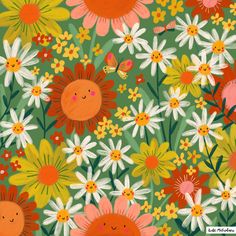 A meadow full of yellow, pink, orange and white flowers with happy faces in their centres, painted by Kate McFarlane Kate Mcfarlane, Spring Drawings, Fabric Illustration, Fruit Aesthetic, Lion Illustration, Jungle Illustration, Coral Art, Zero Wallpaper, Flower Meadow