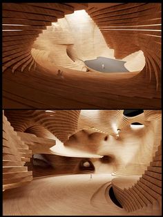 two photographs of the inside of a wooden structure