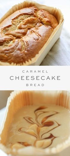 caramel swirl cheesecake bread in a baking pan and on a white plate with text overlay