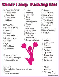 the cheer camp packing list is shown with pink silhouettes and black lettering on it