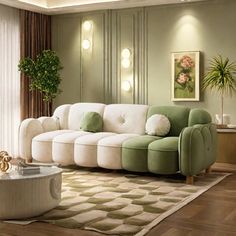 a living room with green and white furniture in the center, along with potted plants