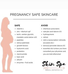 a pregnant woman's silhouette with the words, pregnancy safe skin care and other information