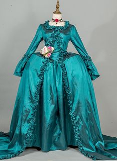 Deluxe Green Colonial 18th Century Rococo Marie Antoinette Dress Victorian Inspired Baroque Costume Rococo Fashion 18th Century, Full Sleeve Dresses, Baroque Costume, Marie Antoinette Dress, Marie Antoinette Dresses, Gothic Victorian Dresses, Teal Outfits, Antoinette Dress, Full Sleeves Dress