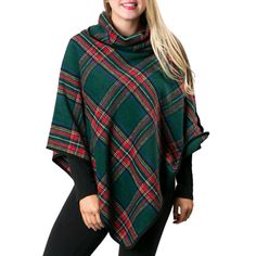 New! Transform your wardrobe with our Blake Poncho! This versatile medium weight poncho is perfect for cool autumn weather. Featuring large wooden buttons and timeless plaid patterns, it's a must-have for any fashionista. The envelope neckline extends over the back of the shoulder, providing a comfortable and stylish neckline. Dress it up or down and complete your look with our coordinating hats and gloves. Details & Care One Size 35"L from shoulder to point 39"W 9.75"L envelop collar 100% Polye Casual Plaid Poncho For Winter, Winter Plaid Poncho, Plaid Winter Poncho, Oversized Plaid Poncho For Fall, Plaid Long Sleeve Poncho For Fall, Autumn Weather, Cool Autumn, Rain Poncho, Travel Dress