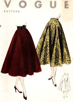 two women's skirts, one in gold and the other in red with black