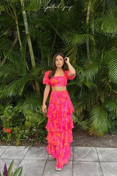 Floral 2 Piece Outfit, Two Piece Ruffle Skirt Set, Colourful Two Piece Outfit, Maxi Two Piece Set, Tropical Long Skirt Outfit, Maxi Skirt Coord, Tropical Vacation Dresses Summer, Two Piece Floral Outfit, Floral Sets Outfit