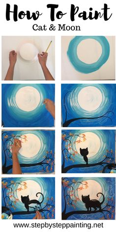 step by step instructions on how to paint a cat and moon