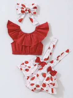 Three-Piece Strawberry Ruffle Trim Suspenders Bloomers Set with Ruffle Crop Top for Baby Girl – a delightful ensemble that adds a touch of sweetness to your little one's wardrobe! This charming set features ruffle trim suspenders bloomers and a matching headband, paired with a coordinating ruffle crop top adorned with strawberries. Perfect for playful days and special occasions, dress your baby girl in this super adorable set to capture the joy of early moments with a burst of strawberry charm. It's the ideal choice for a cute and coordinated outfit that combines flair and comfort! Composition: 100% polyester Strawberry Baby Outfit, Strawberry Outfit, Woman Costumes, Baby First Birthday Themes, Strawberry Baby, Strawberry Charm, Summer Fresh, Striped Bodysuit, Strawberry Fruit