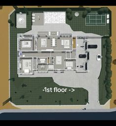 an aerial view of a floor plan with the first floor and second story on each side