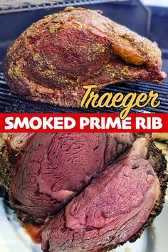 a roasting rack with meat on it and the words trapper smoked prime rib