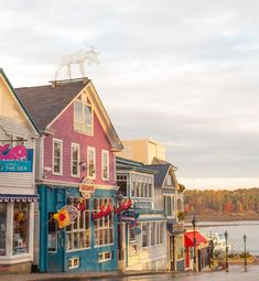 colorful buildings line the street in front of a body of water