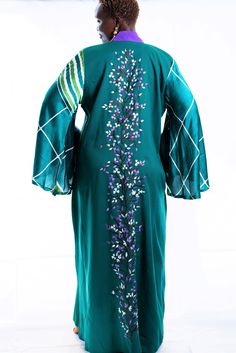 african embroidered kimono Elegant Green Gown With Floral Embroidery, Traditional Spring Dress With Kimono Sleeves, Green Silk V-neck Kimono, Traditional Dresses With Kimono Sleeves For Spring, Green Silk Long Sleeve Maxi Dress, Silk Long Sleeve Eid Gown, Long Sleeve Silk Gown For Eid, Green Silk Floor-length Kaftan, Eid Long Sleeve Silk Gown