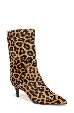 Complete your look with the unmistakable sophistication of this pointy-toe bootie. 2 1/2" heel 8 1/4" shaft Inset side-zip closure Synthetic, leather or genuine calf-hair (China) upper/synthetic lining and sole Imported Leopard Print Hair, Chic Boots, Kitten Heel Boots, Sustainable Leather, Pointed Toe Boots, Brown Leopard, Boots For Women, Franco Sarto, Mid Calf Boots