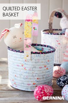 several baskets with stuffed animals in them sitting on a wooden table next to some balls