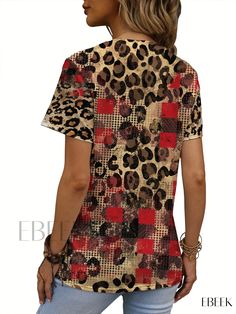 Ebeek - Premium Plus Size Womens Casual T-Shirt: Colorblock Leopard & Gingham Heart Print Short Sleeve Round Neck Slight Stretch Top Red Patchwork Short Sleeve Tops, Fall Patchwork Short Sleeve T-shirt, Short Sleeve Patchwork T-shirt For Fall, Plaid Patchwork Short Sleeve Tops, Short Sleeve Tops With Mixed Print, Casual Short Sleeve Tops With Mixed Print, Plus Size Womens, Stretch Top, Womens Casual