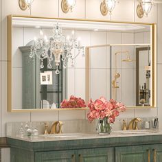 a bathroom vanity with two sinks and a large mirror above it, along with a chandelier hanging from the ceiling