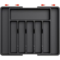 an empty black tray with red arrows pointing to the top and bottom compartments on it