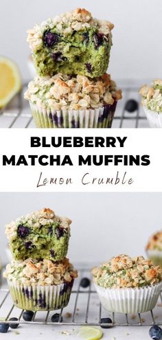 blueberry matcha muffins with lemon crumble are on a cooling rack