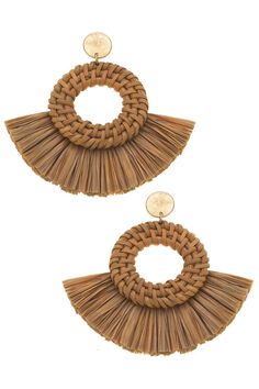 Make a statement with these eye-catching Aspen Rattan & Raffia Statement Earrings. Perfectly combining the warm hue of brown, exotic rattan and raffia texture, these earrings will bring a touch of the tropical to any look. With a lightweight design, they'll make a statement without weighing you down. DETAILS: Base Metal with Worn Gold Plating Raffia 2.75" Length Brown Bohemian Tassel Earrings For Summer, Bohemian Brown Tassel Earrings For Summer, Summer Bohemian Brown Earrings, Brown Earrings For Summer Vacation, Brown Earrings For Vacation, Elegant Brown Beach Earrings, Elegant Brown Earrings For Beach, Elegant Brown Earrings For The Beach, Chic Woven Earrings For Vacation