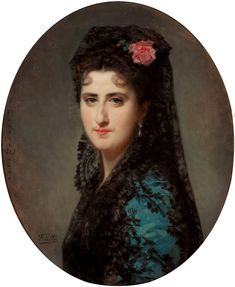 a painting of a woman with long black hair and a flower in her hair, wearing a blue dress