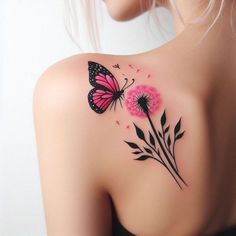 a woman's back with a butterfly and flower tattoo on her left shoulder,