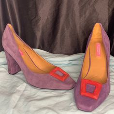 Brand New Isaac Mizahri. 4 Inch Heels. Chic Court Shoes With Red Sole And Medium Width, Modern Purple High Heels, Chic Heels With Red Sole And Medium Width, Bold Block Heel Heels For Formal Occasions, Bold High Heel Shoes With Contrasting Heel Counter, Bold Closed Toe Heels With Red Sole, Bold High Heels With Contrasting Heel Counter, Purple Square Toe Heels For Formal Occasions, Chic Purple Square Toe Heels