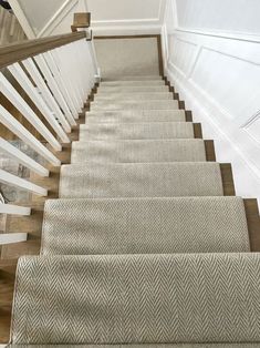 Neutral beige herringbone wool stair runner fabrication and installation by The Carpet Workroom Boston, Massachusetts Kaleen Stair Runner, Herringbone Carpet Runner, Stair Runner For Dark Wood, Affordable Stair Runner, Stairs Carpet Ideas, Stairs With Runner, Neutral Stair Runner, Modern Stair Runner, Stair Carpet Ideas