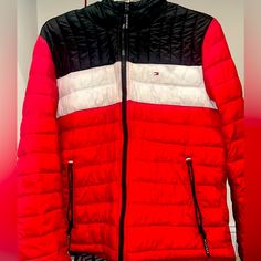 It Was A Gift But I’ve Never Worn It And It Just Sits In My Closet Red Casual Puffer Jacket For Spring, Casual Red Outerwear For Cold Weather, Casual Tommy Hilfiger Winter Outerwear, Tommy Hilfiger Casual Winter Outerwear, Casual Red Puffer Jacket For Cold Weather, Casual Red Puffer Jacket For Outdoor, Red Sporty Puffer Jacket For Winter, Casual Red Puffer Jacket For Streetwear, Casual Red Puffer Outerwear