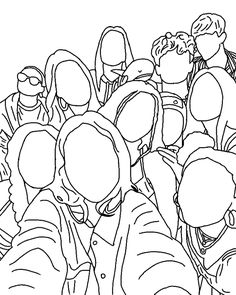 a black and white line drawing of people in a crowd looking up at the sky