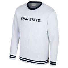 Sport retro fashion in cooler weather with this Penn State Nittany Lions Renew Knit Vintage Pullover Sweater by Uscape Apparel. It features traditional rib-knit striping that accentuates the team name knitted across the front. Made from 100% recycled yarn, this Penn State Nittany Lions sweater is a sustainable and classic way to support your favorite team. White Collegiate Sweater For Fall, Collegiate Long Sleeve Winter Sweater, Retro Crew Neck Sweater For Layering, Vintage Crew Neck Sweater For Layering, College Crew Neck Knit Sweater, Crew Neck Sweater For College In Winter, College Knit Sweater With Crew Neck, Winter Crew Knit Top, Winter Crew Neck Knit Top