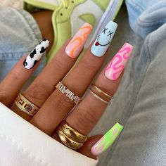 Long Coffin Gel Nails, Funky Design Nails, Funky Nails Coffin, Spring/summer Nails, Gelly Nail, Spring Showers, Hard Nails, Coffin Nails Designs