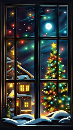 a christmas tree is seen through a window with snow on the ground and lights in the windowsill