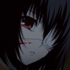 an anime character with black hair and red eyes