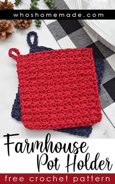 a crocheted pot holder is shown with the words farmhouse pot holder on it