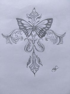 a drawing of a cross with a butterfly on it