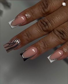 Cheap But Cute Nails, French Tip And Silver Nails, Classy Birthday Nails Short, Pink And Silver Acrylic Nails, Chrome Tipped Nails, Acrylic Nails For Birthday, Nails With Chrome Design, Medium Length Nail Designs, Hoco Nails Acrylic